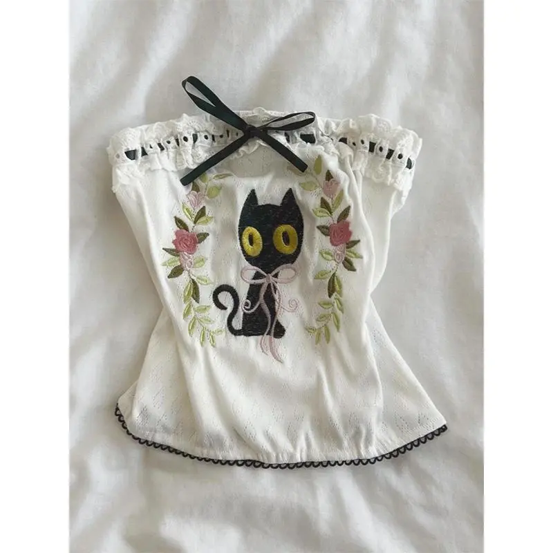 Abifeng TOP Sweet Bow Cat Embroidery Strapless Vest Women 2025 Summer Chic Slim Fit Short Tank Top Y2k Fashion Outwear Ropa Mujer Autumn Abifeng Womenswear Crewneck Sleeveless White