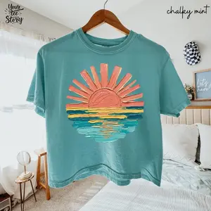 Comfort Colors Sunset Beach Boxy Tee, Coastal Ocean Summer Vacation Graphic Shirt