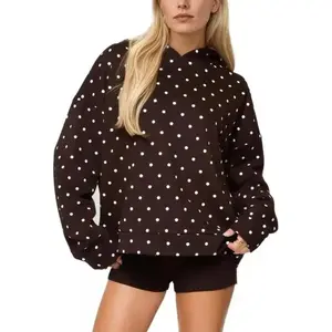 Women's Oversized Brown Polka Dot Fleece Hoodie Long Sleeve Drop Shoulder Graphic Print with Pocket Cozy Loungewear Sweatshirt for Daily Casual Wear