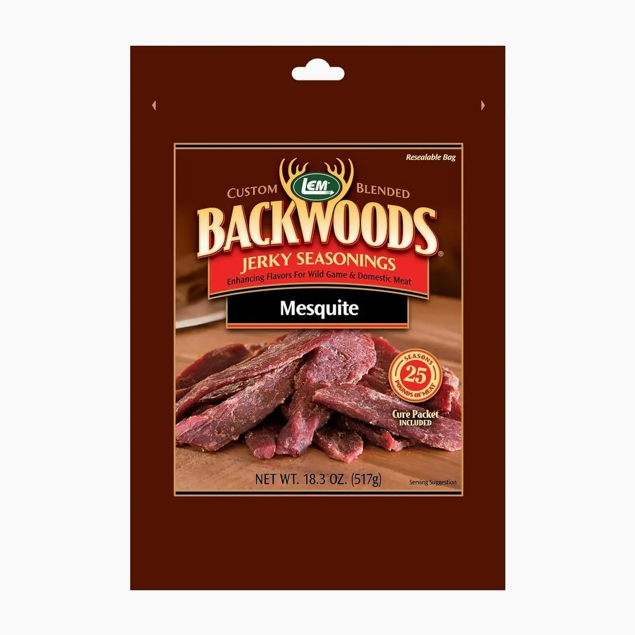 LEM Products Backwoods Mesquite Jerky Seasoning, Ideal for Wild Game and Domestic Meat, Seasons Up to 25 Pounds of Meat, 18.3 Ounce Packet with Pre-Measured Cure Packet Included