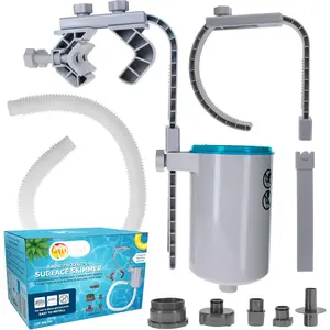 Skimmer - Above Ground  Skimmer, Floating Surface Skimmer, 5 Adapters,  Accessories - Clean Dirt Basket, Wall Mount, Attach to Inflatable Collars, Tubular, Metal Frames