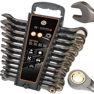 Nickel Fixed Head Ratchet Set, Combination Wrench Set, 12-Piece, 72-Tooth Chrome Vanadium Steel, 8-19mm, Industrial Grade Wrenches for Home Repair DIY