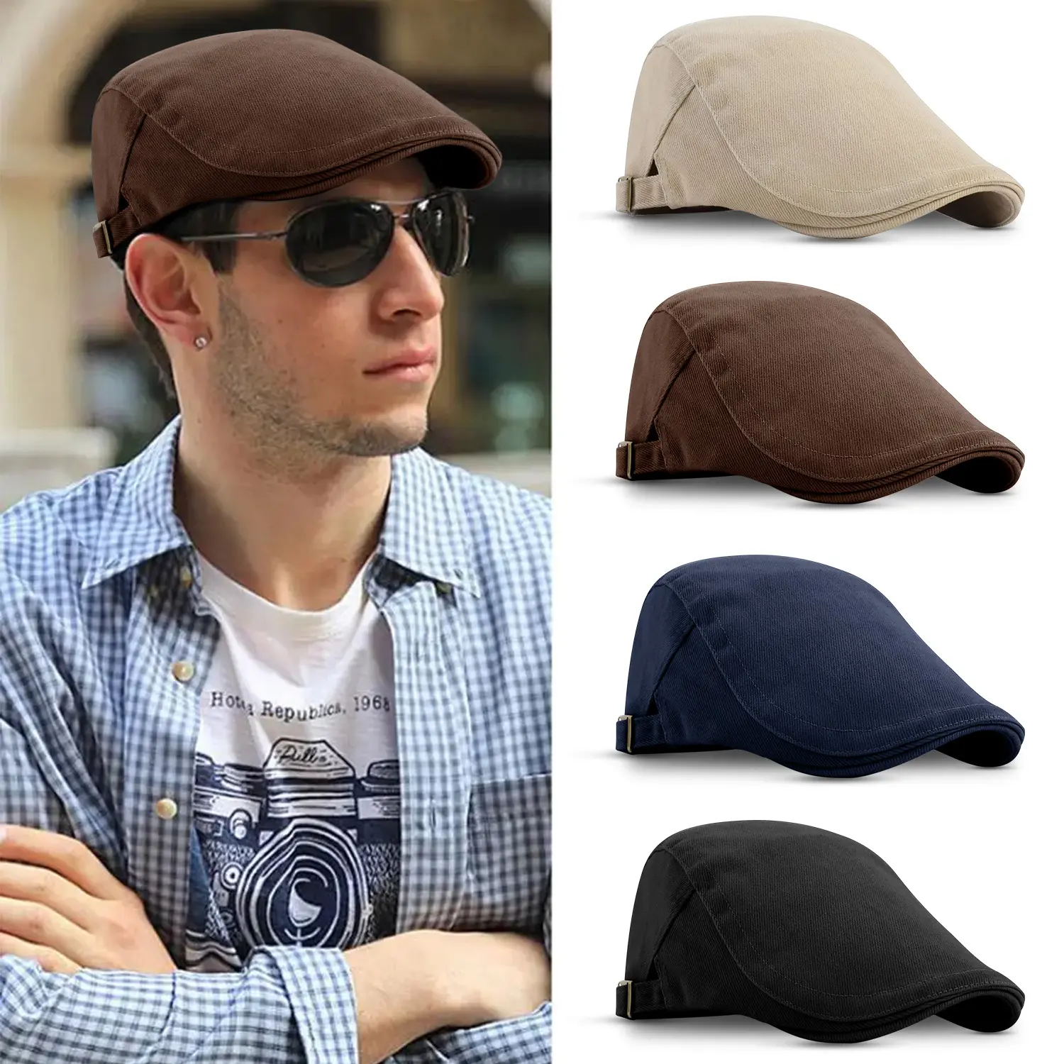 Men’s Solid Cotton Adjustable Beret – Ivy Golf Driving Flat Cabbie Newsboy Hat for Daily Commute & Outdoor Activities
