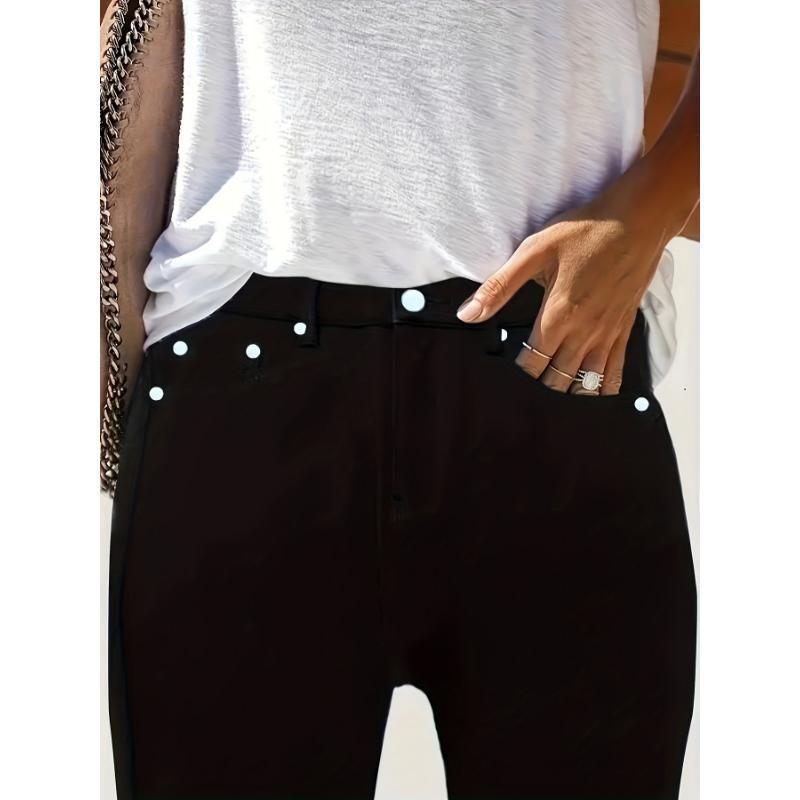 Women'S High-Waist Stretch Slim Fit Skinny Jeans in Solid Black - Elegant Rayon Denim with Button Detail, Medium Stretch, All-Season Wear