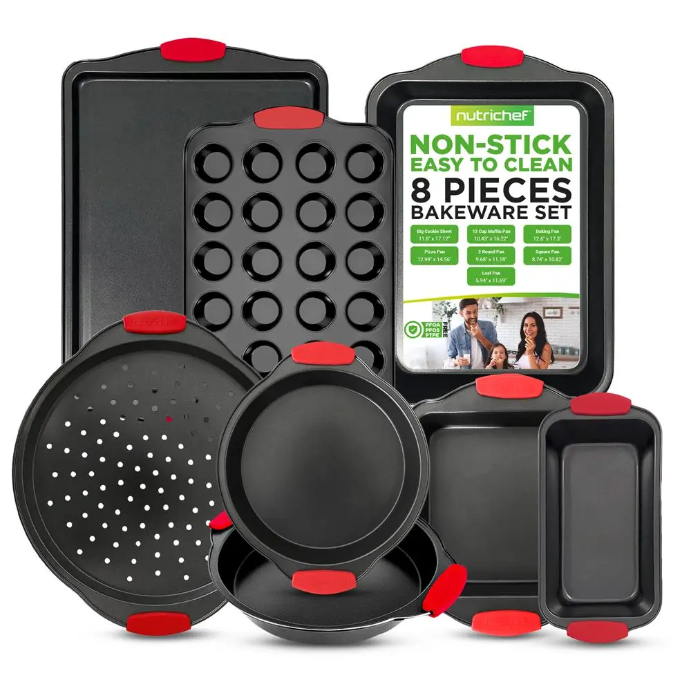 8-Piece Nonstick Bakeware Set | Carbon Steel Baking Pan Set with Red Handles & Cookie Sheet - Oven-Safe & Freezer Safe - Stackable Design - Home Kitchen Baking Essentials for Everyday Use