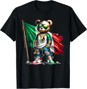 100% Cotton Stylish Teddy Bear Mexican Flag Mexico T-Shirt