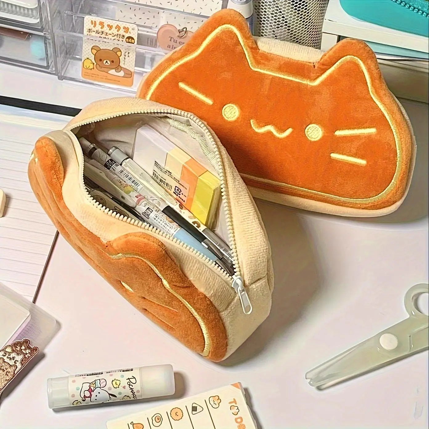 Caramel Cat Pencil Case Set of 1/2/4 Pcs, Large Capacity Plush Pencil Bag, Durable Cat Theme School Stationery Organizer, Study Tool, Office Stationery Supplies