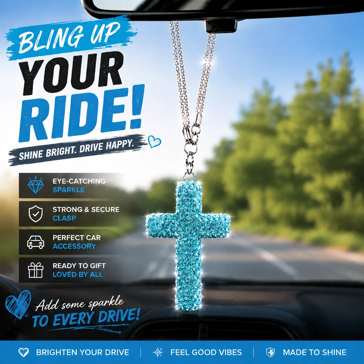 Bling Rhinestone Cross Car Charm, Sparkling Crystal Rearview Mirror Hanging Ornament, Elegant Car Interior Decor & Meaningful Gift Idea