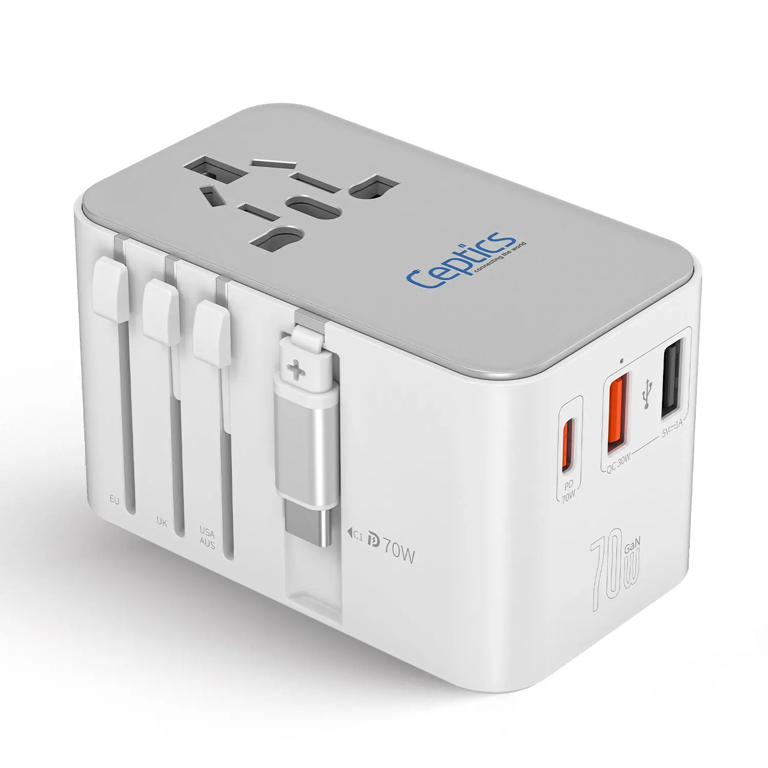 70W Universal Travel Adapter - 2 USB-A + 1 GaN 3.0 retractable USB-C cable & 1 USB-C - (UP-70WC-WH)
