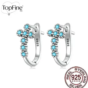 1Pair Genuine 925 Sterling Silver Blue Turquoise Cross Ear Buckles Stud Hoop Earrings For Women Party Engagement Fine Jewelry Gifts