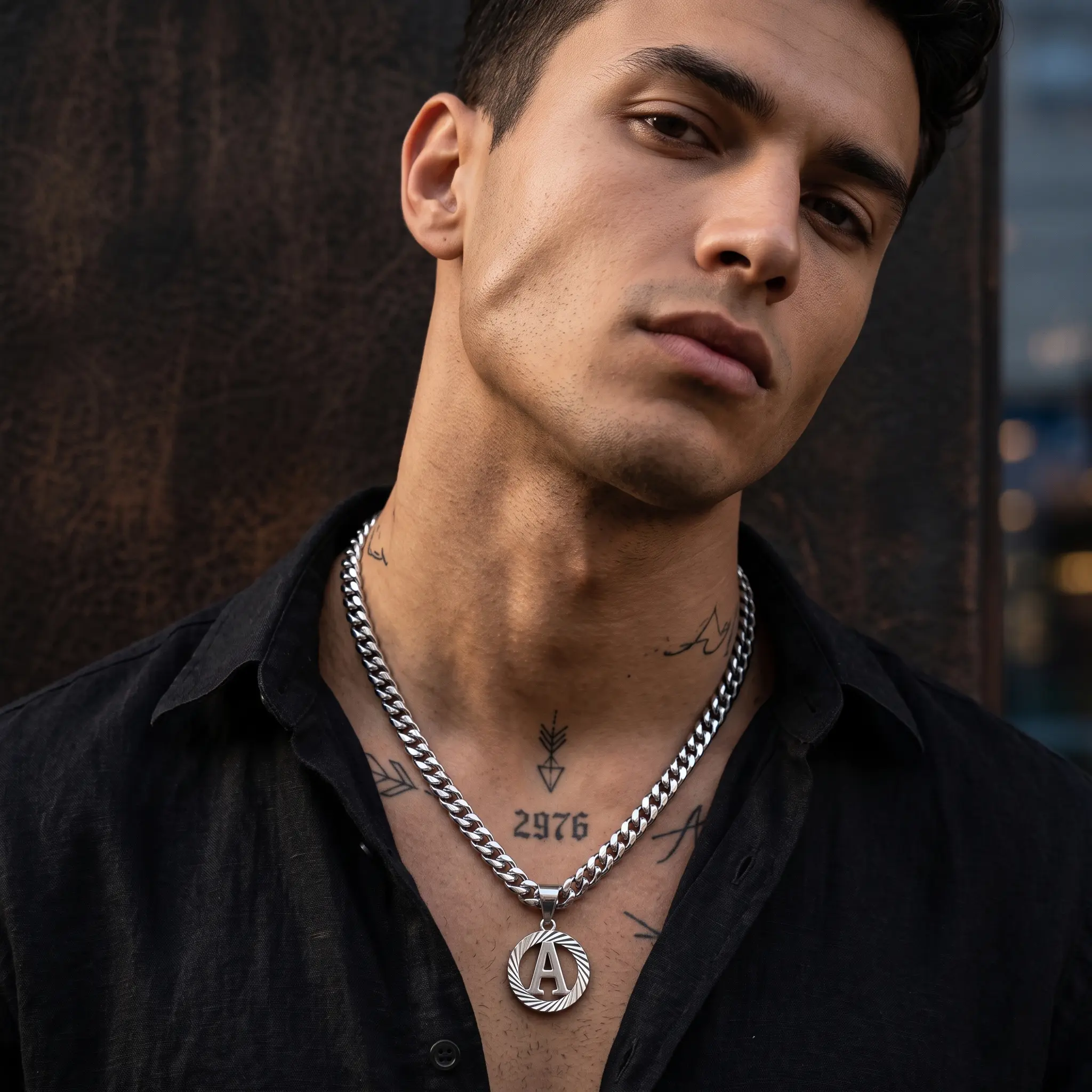 Unisex Silver Plated Initial Pendant Necklace - 5mm Chunky Cuban Link Chain, Everyday Monogram Letter A-Z Coin Pendant Choker Jewelry for Men Women, Adults' Fashion Accessory sohochic