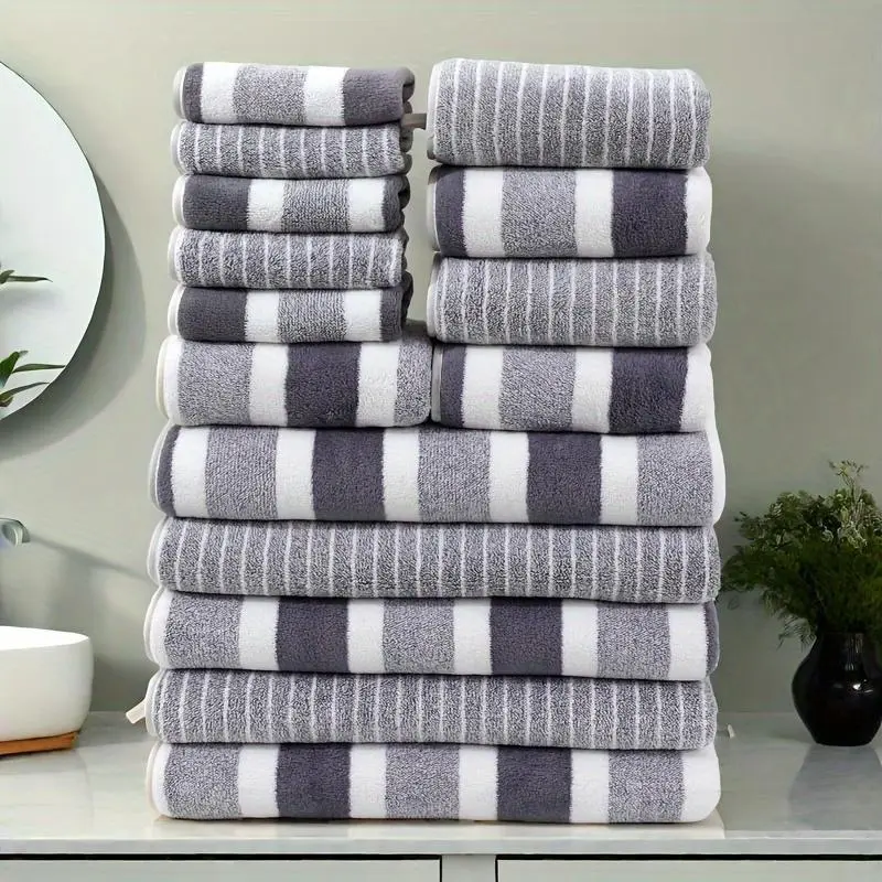Grey Striped Pattern Bathroom Towel Set, 15pcs/set Including 5 Counts Face Towel, 5 Counts Hand Towel & 5 Counts Bath Towel, Absorbent Drying Towel, Soft Absorbent Towel Set for Home Bathroom, Absorbent ed Towels, Microfiber Bath Towels