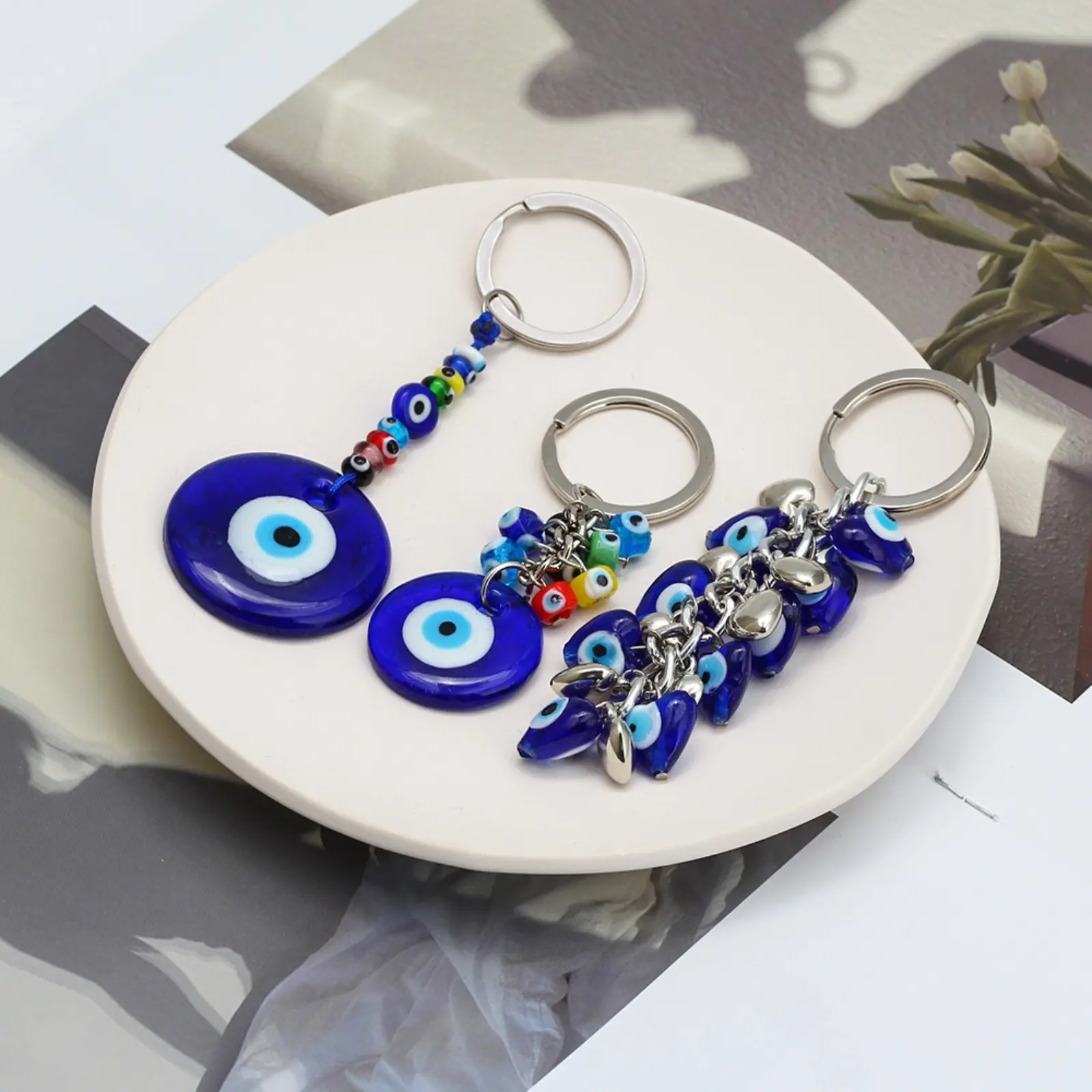 Evil Eye Alloy Metal Stylish Keychain - Unisex Aesthetic Accessory, Blue Glass Round Pendant, Lucky Hearts Charm for Sports Outdoor Backpacks & Bags, All Seasons Use, Backpack Accessories, Bag Accessories Charms