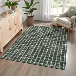 5x7 Runner Rug Washable Non Slip Kitchen Rugs Geometric Checkered Print ， Modern Throw Carpet for Home Office, Green