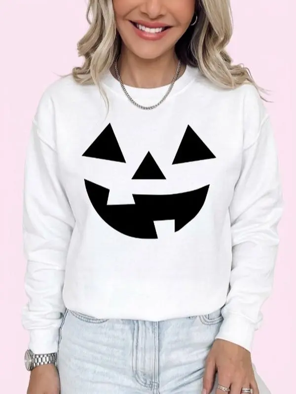 Unisex Graphic Sweatshirt with Minimalist Pumpkin Face, Casual Long Sleeve Crewneck Top for Halloween, Comfortable Lightweight Fit, Tops, Vibe, Style, Print