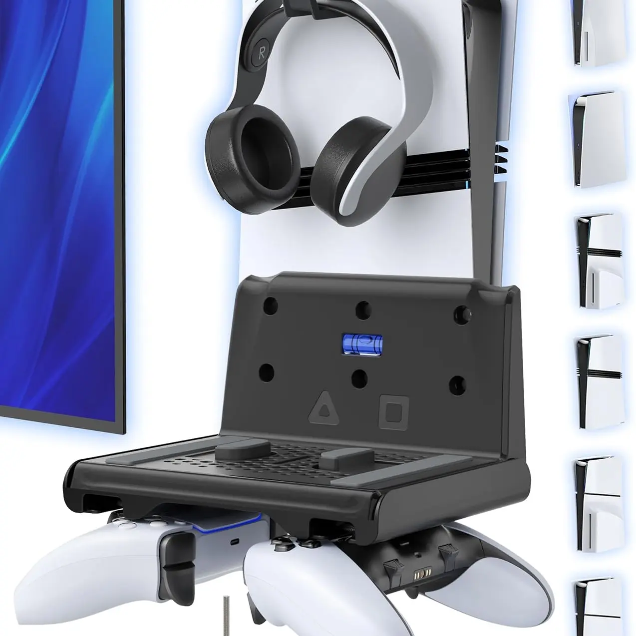 PS5 Wall Mount Kit with Game Controller Holder Compatible with PS5/Slim/Pro Disc & Digital, PS5 Mount Floating for Gaming Accessories, Compact PS5 Vertical Wall Shelf Organizer Bracket with Headphone Hook, Console Accessories