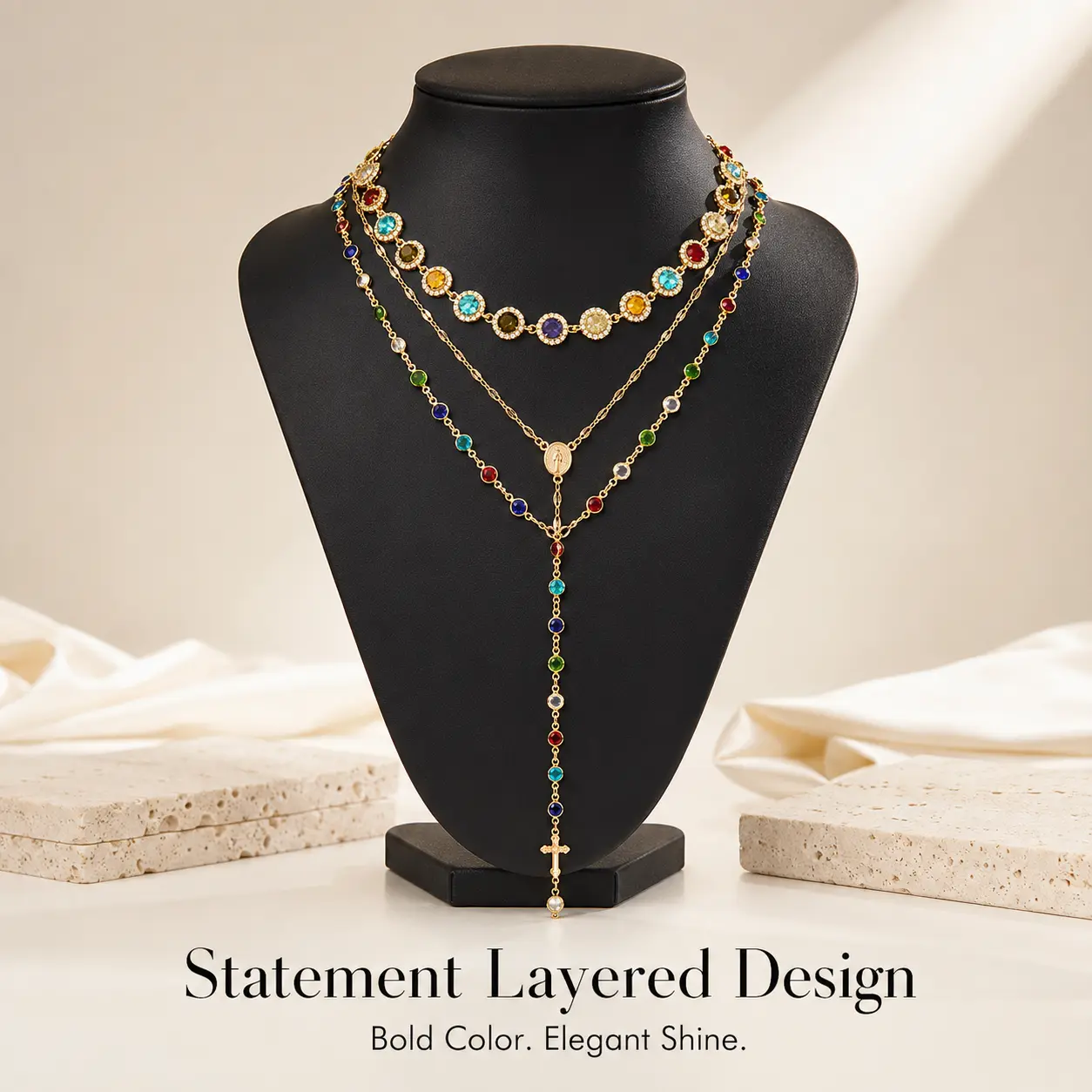 Layered Rosary Necklace for Women, Gold Tone Rainbow Crystal Spiritual Jewelry with Sparkling Cross Pendant, Feminine Choker, Cross Chain, Layered Set, Women/Girls, Daily Wear, Rainbow Crystals, Crystal Necklaces