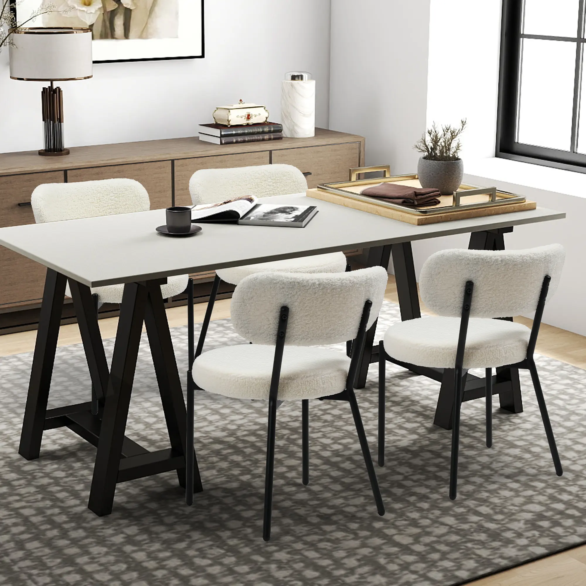 Set of 2 Modern Dining Chairs for Kitchen or Dining Table, Contoured Foam Back and Thick Seat Cushions, Heavy Boucle Fabric, Steel Frame [ Black White] summergarden