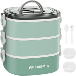 Portable Stackable 3-Layer 94OZ Large Capacity Leakproof Bento Box with Spoon Fork Sauce Boxes, Microwave Safe for Kids and Adults