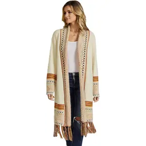 Lannew Women Boho Cardigan Sweater Long Open Front Maxi Knit Sweaters Aztec Tribal Tassel Fringe Thin Coat