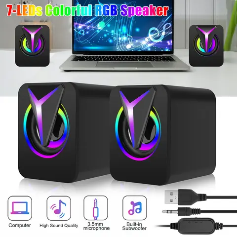 Dazone Mini USB Wired RGB Computer Speakers with Corlorful Light 3.5mm Aux Sound Bar for Desktop Laptop Tablet Plug & Play