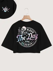 Women's Skull Slogan Short Sleeve T-Shirt, Soft Skin-Friendly Fabric, Loose Fit, Gradient Print, Casual Daily Wear
