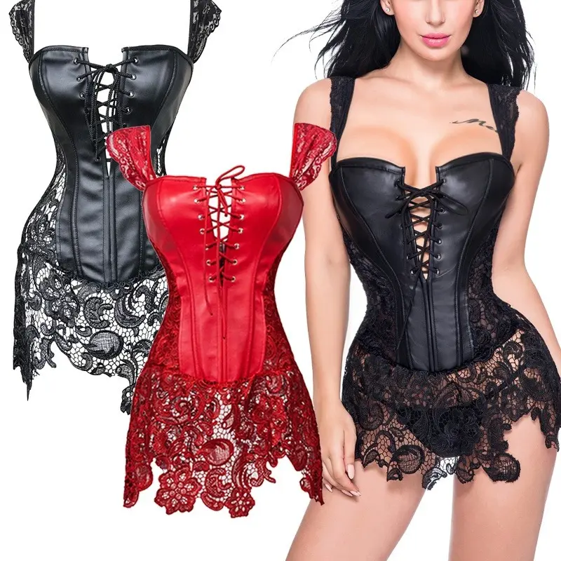 Women's Plus Size Gothic Overbust Corset in Faux Leather, Elegant Steampunk Bodice with Lace Trim and Wide Straps for Cosplay & Halloween Parties, Clothes, Birthday, Skirt, Fit, Lady, Party
