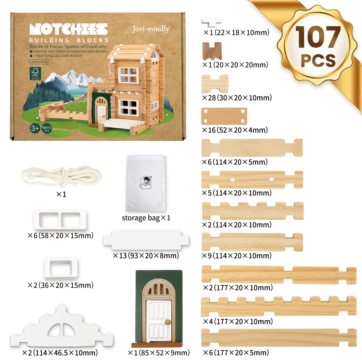 Notchies Jovi-mindly Garden Edition Wooden Building Kit, 107-Piece FSC-Certified Toddler Construction Set with Doors & Windows, Safe Eco-Friendly Mortise-and-Tenon Structure for Ages 5+ Kids, Wooden Construction Set, Expands Spatial Awareness