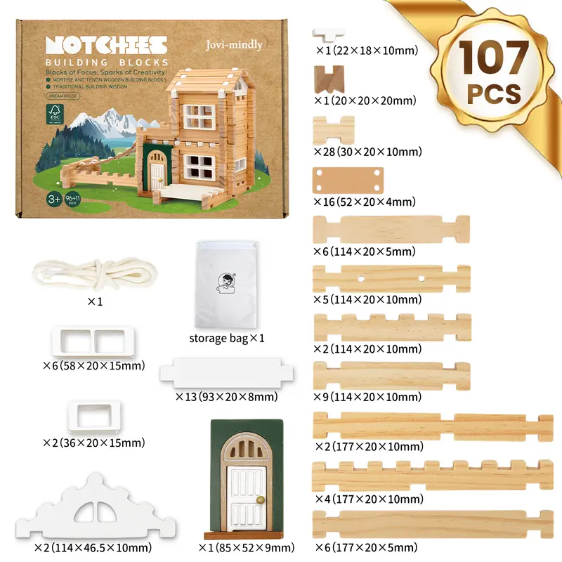 Notchies Jovi-mindly Garden Edition Wooden Play Set - 107-Pcs FSC-Certified Toddler Blocks, Eco Wood, Safe Mortise-and-Tenon Structure, Doors & Windows, Creative Guidebook, DIY Children Development Craft Ideas, Open Ended Play for Ages 5+