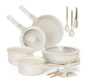 20 Piece Pots and Pans Set Non Stick, Cookware Set with Detachable Handle, Oven Safe, Induction Ready, Stackable RV Kitchen Cooking Set Removable Handles, Cream White
