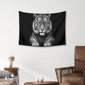 Black White Tiger Tapestry Monochrome Jungle Animal Wall Hanging Aesthetic Modern Bedroom Office Living Room Decor Wildlife Gift for Men
