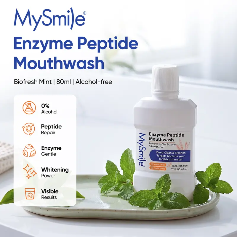 MySmile Alcohol-Free Mouthwash for Adults - Xylitol, Moisturizing, Oil Control, Enzyme Peptide Brightening, Non-Medical, BioFresh Mint, Mouth Ulcer Care, Anti-Cavity, Mouth Freshening, 2.7 fl oz Mini Travel Size Oral Rinse