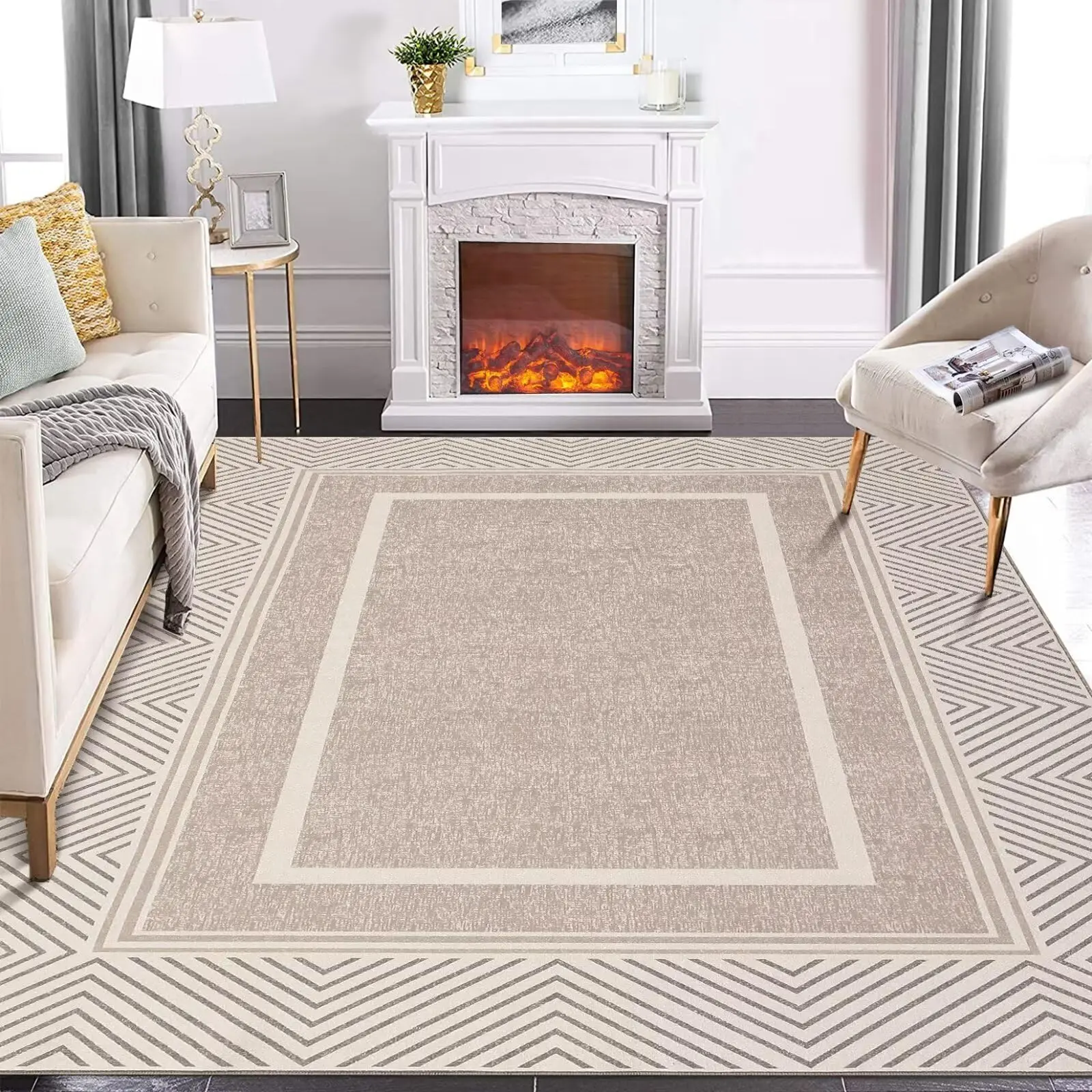 【GARVEE】Modern Bordered Area Rugs and Runners - Washable, Ultra-Thin, Non-Slip, Non-Shedding, Foldable Rugs in Various Sizes (2x6, 6x9, 8x10) for Living Room, Bedroom, Office, Dorm, Kitchen, Hallway in Light Brown and Khaki
