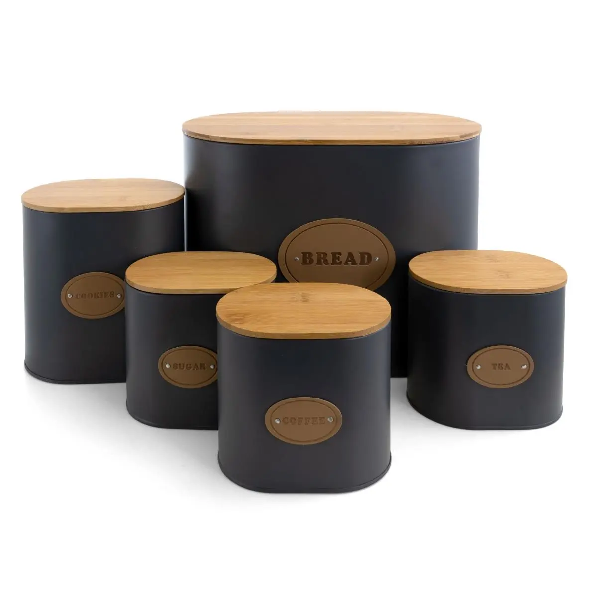 MEGACHEF 5-Piece Matte Grey Food-Safe Metal Canister Set with Bamboo Lids, Reusable Snack Containers for Pantry Cabinet Organization, Cylindrical Cans Food Storage for Unisex Adults’ Utensils, Bamboo Boards, Matte Finish