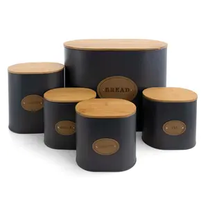 212 MAIN 5-Piece Grey Kitchen Food Storage Container Set with Bamboo Lids, Ideal for Organizing Utensils, Bamboo Boards and Metal Kitchenware