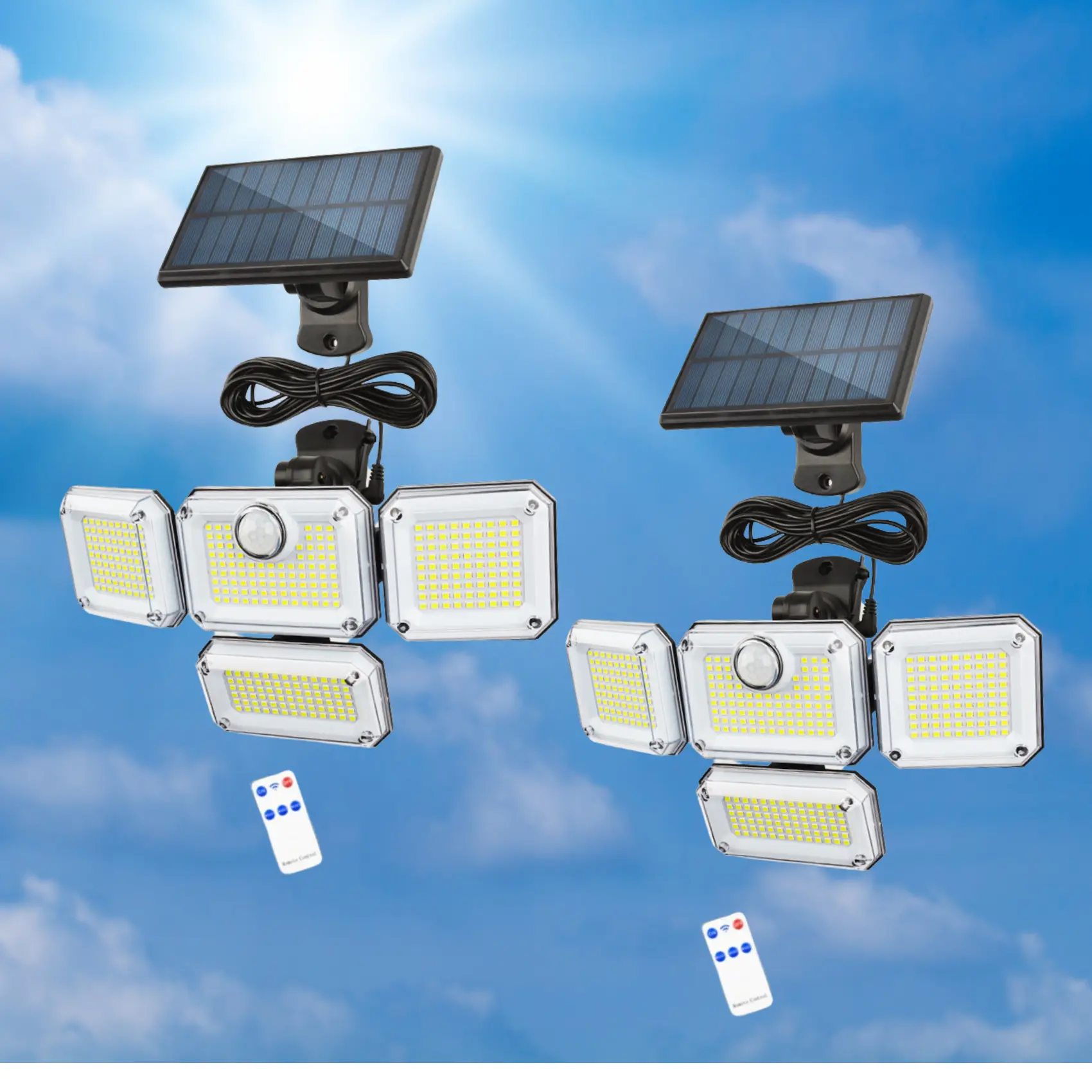 2 Pcs Solar Motion Sensor Flood Lights 333 LED Powered Outdoor Security Lights with Motion Detection - 4-Head LED Floodlights, 270° Wide-Angle Illumination, 3 Modes, IP65 Waterproof for Garden, Patio Wireless