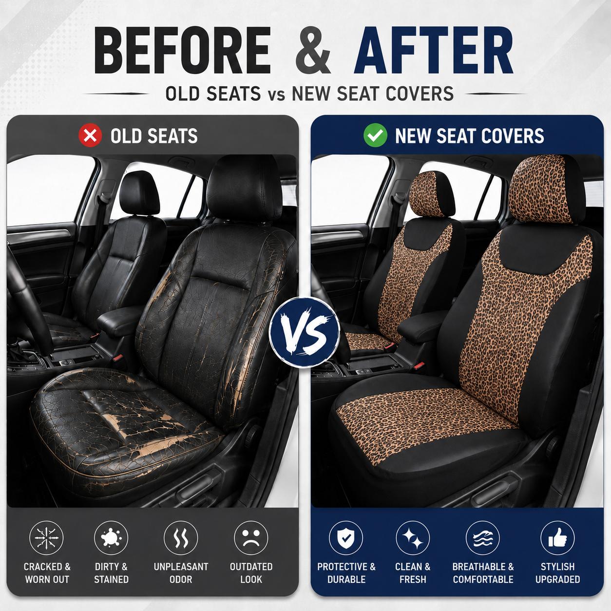 Leopard Print Car Seat Covers Front Seats Set, PU Leather Universal Fit Seat Protector with Steering Wheel Cover, Floor Mats, Seat Belt Pads & Cup Mats, Stylish Auto Interior Accessories for Cars SUV Truck