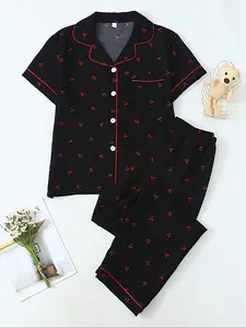 Women's Two-Piece Pajama Set, Casual Comfortable Collared Woven Cherry Lapel Pocket Shirt Short Sleeve + Elastic Waist Home Pants, All-Season Sleepwear Loungewear