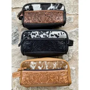 Cowhide | Tooled Leather Toiletry Makeup Shaving Travel Bag