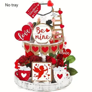 Valentine's Day Decoration Kit, 16pcs/set Wooden Tiered Tray Decoration, Heart Shaped Ornaments, Home Decor for Wedding, Party, Farmhouse