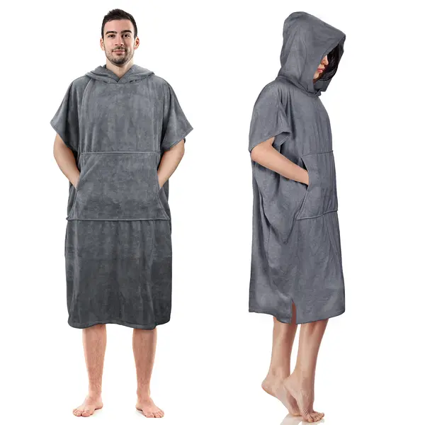 Surf Poncho Beach Changing Towel Hooded Wetsuit , Super Absorbent Swim Robe Poncho for Men & Women Bath Shower Pool Grey