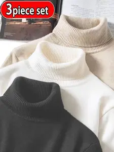 Men's Winter High-Neck Knit Polyester Sweater 3-Piece Set, Casual Fleece- Lined Long Sleeve Pullover, Warm for Daily Wear