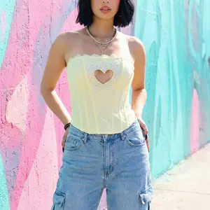 Sexy Lace Corset Top with Heart Shaped Cutout - Trendy Yellow Strapless Corset for Women - Chic Summer Fashion Top