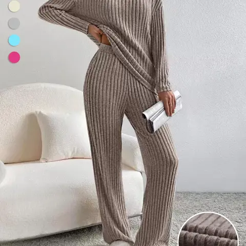 Women's Solid Drop Shoulder Pocket Lounge Set, Pajama Set, Casual Long Sleeve V Neck Top & Straight Leg Pants Two-piece Set, Women's Sleepwear for Spring & Fall, Loungewear