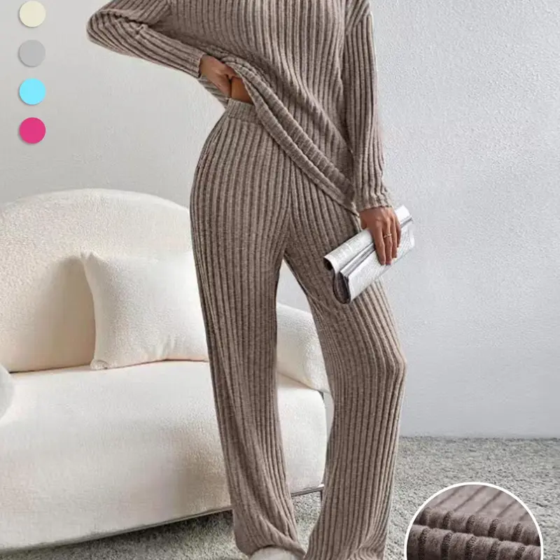 Women's Solid Drop Shoulder Pocket Lounge Set, Pajama Set, Casual Long Sleeve V Neck Top & Straight Leg Pants Two-piece Set, Women's Sleepwear for Spring & Fall, Loungewear