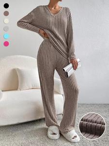 women's solid drop shoulder pocket lounge set, casual long sleeve v neck top & straight leg pants two-piece set, women nightwear, machine washable, pj sets for women, women's sleep sets, loungewear, homewear,  pjs for women