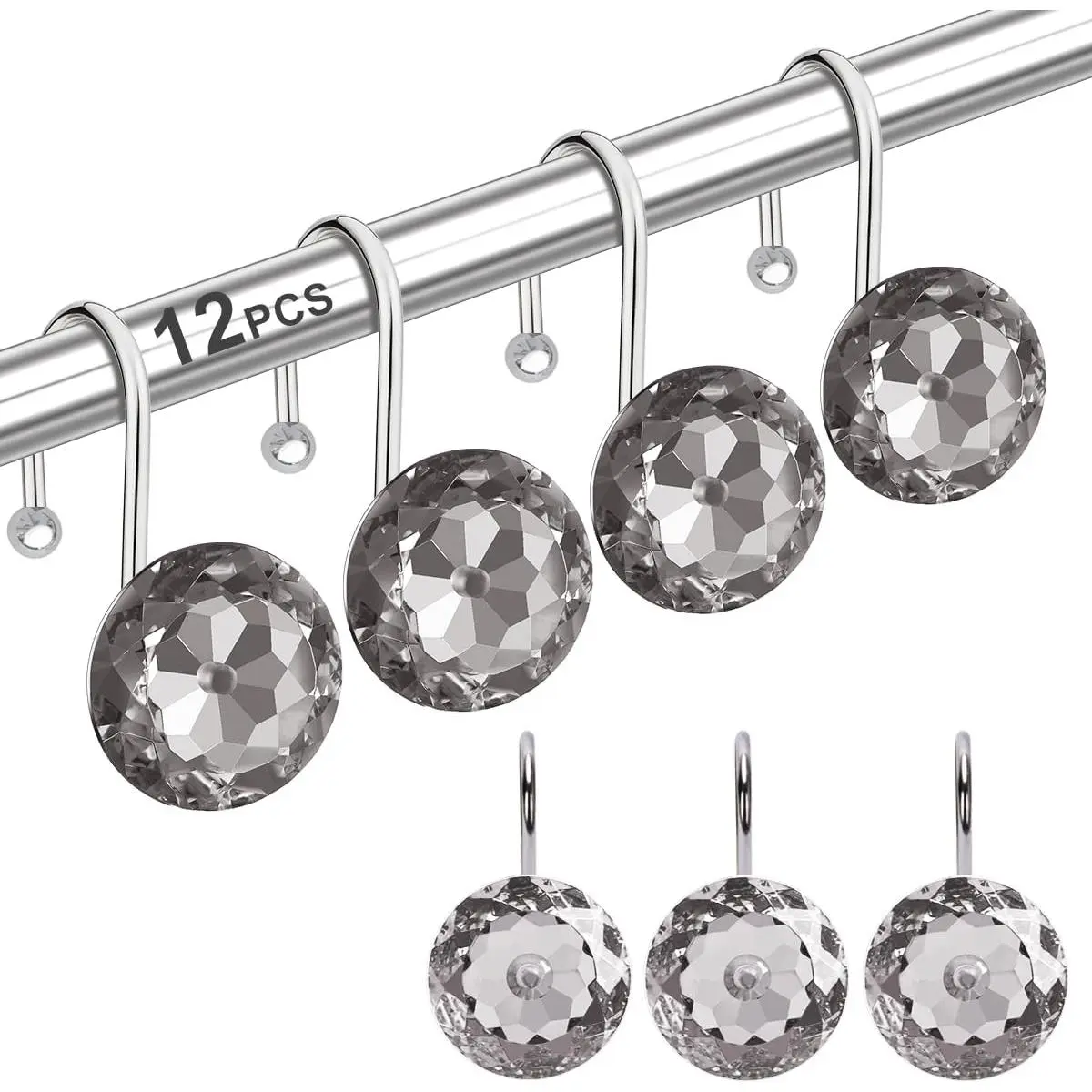 12 count Shower Curtain Hooks Rings for Bathroom, Stainless Steel Rust Resistant Decorative Rhinestones Shower Curtain Rings Hangers for Shower Curtains, Clothing, Towels, etc. (Grey)