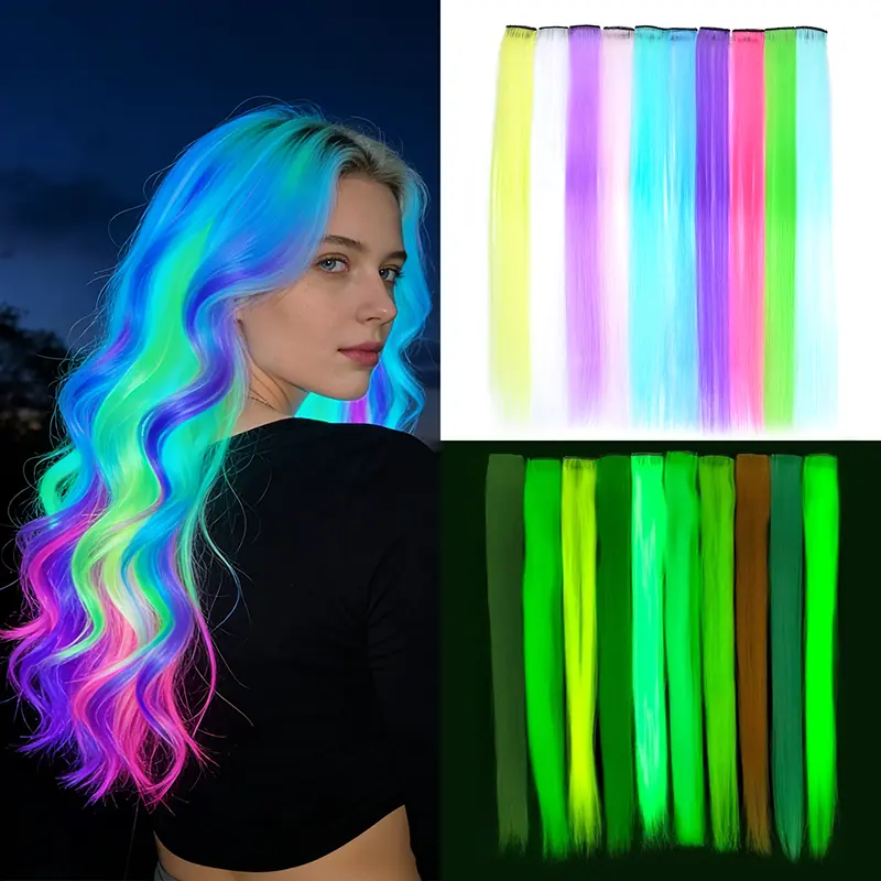 ZIHAN Glow in the Dark Silky Straight Clip-in Synthetic Extensions & Pieces, 20in Colorful Rainbow Hair Accessories for Women, 10 Pcs with Soft Comfort, Convenient Installation for Party Wear, Dressy Use