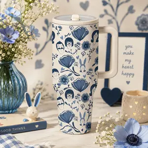 1 Pc 40oz Blue White Porcelain Bob Style Insulated Mug, Cartoon Family Face Floral Heart Print, Cream Tumbler With Handle, Double Wall, Leak Proof, Keeps Hot 12 Hours Cold 24 Hours, Thermal Mug For Hot Cold Drinks, Gift For Women Men Holiday
