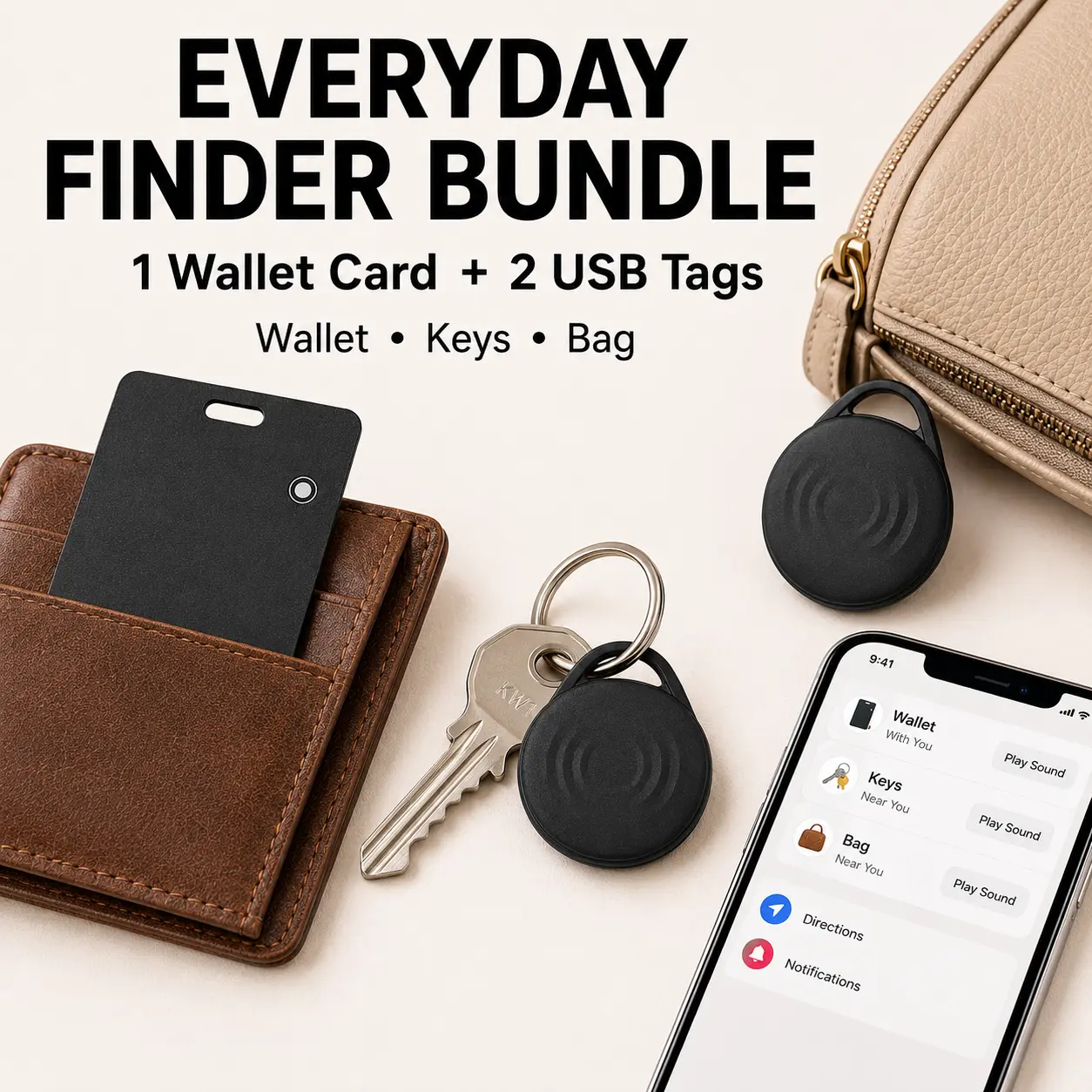 3-Piece Bluetooth Security Finder Bundle - Slim Compact Rechargeable Wireless Charging Wallet/Card Tracker, 2 USB Rechargeable Android Trackers for Keys/Bags, Set Boxed